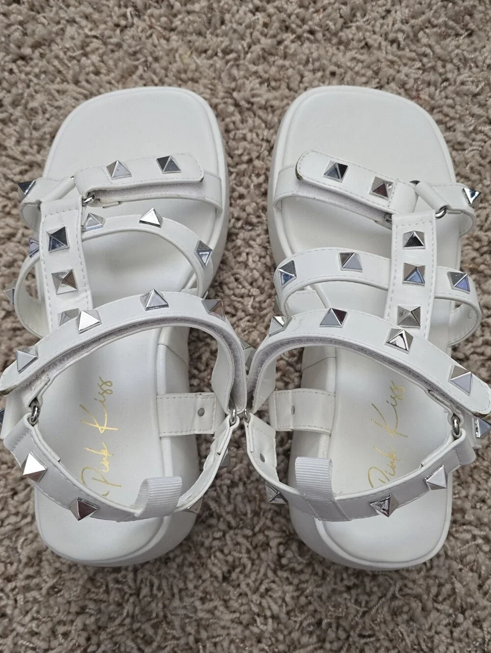 Pink Kiss Frankie White Studded Platform Velcro Sandals - women's 7